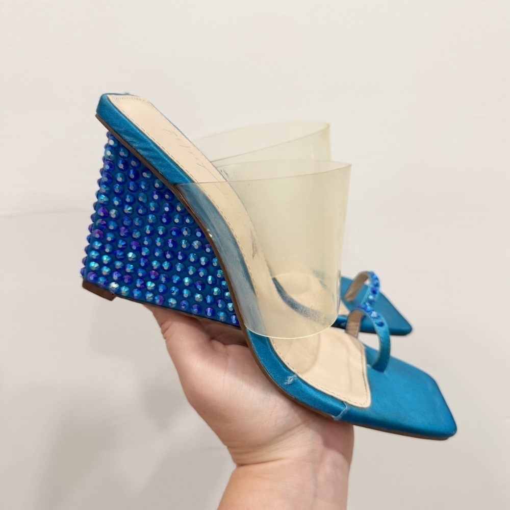 Betsey Jobnson Y2K Bedazzled Heel Wedge Sandal Blue Disco